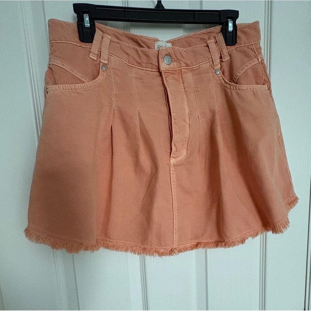 Pilcro Anthropologie Denim Mini Skirt Women Size 10 Orange Pleated Frayed Hem